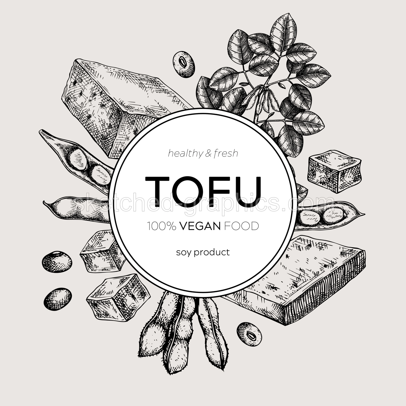 Tofu wreath design in vintage style. Sketched vegan food illustration. Traditional Asian food ingredients. Tofu frame for packaging, menu, recipe, and product. Vector food design.  Illustration